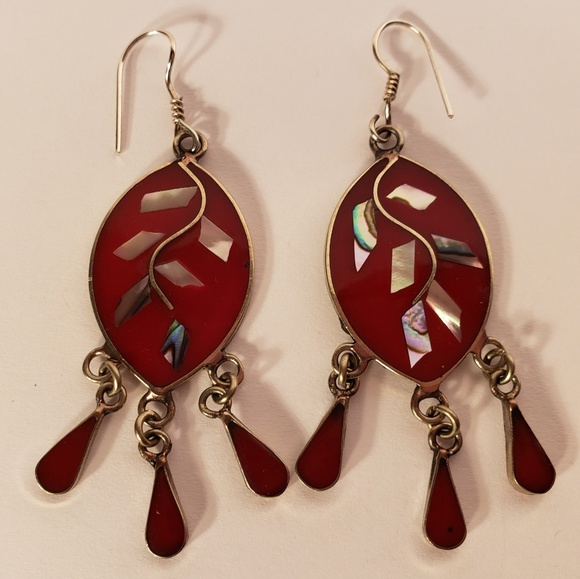 Vintage 1970s Drop Dangle Leaf Inlaid Earrings - Picture 1 of 5